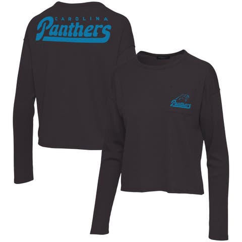 Women's Antigua Black Carolina Panthers Metallic Logo Victory Crewneck  Pullover Sweatshirt