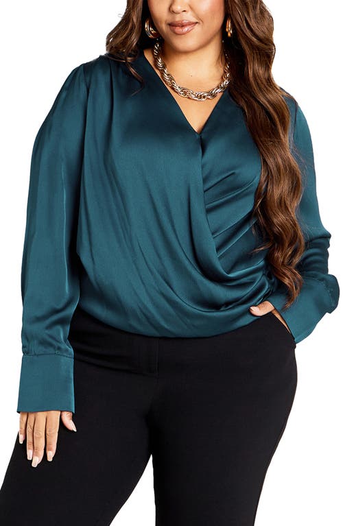 City Chic Alena Satin Faux Wrap Top Teal at