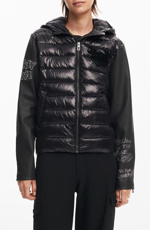 Desigual Mickey Mouse Mixed Media Puffer Coat In Black