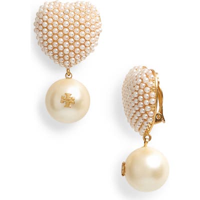 Tory Burch Imitation Pearl Heart Charm Clip-On Earrings