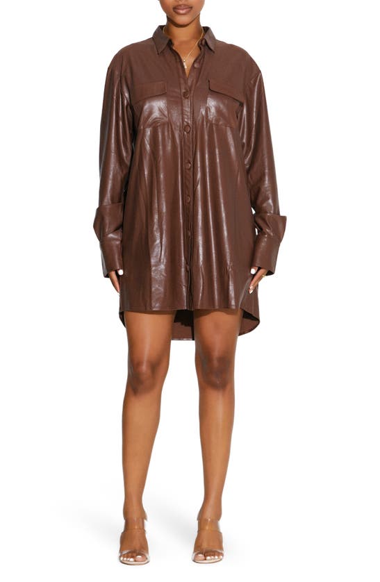 Naked Wardrobe Drip Long Sleeve Faux Leather Mini Shirtdress In Brown