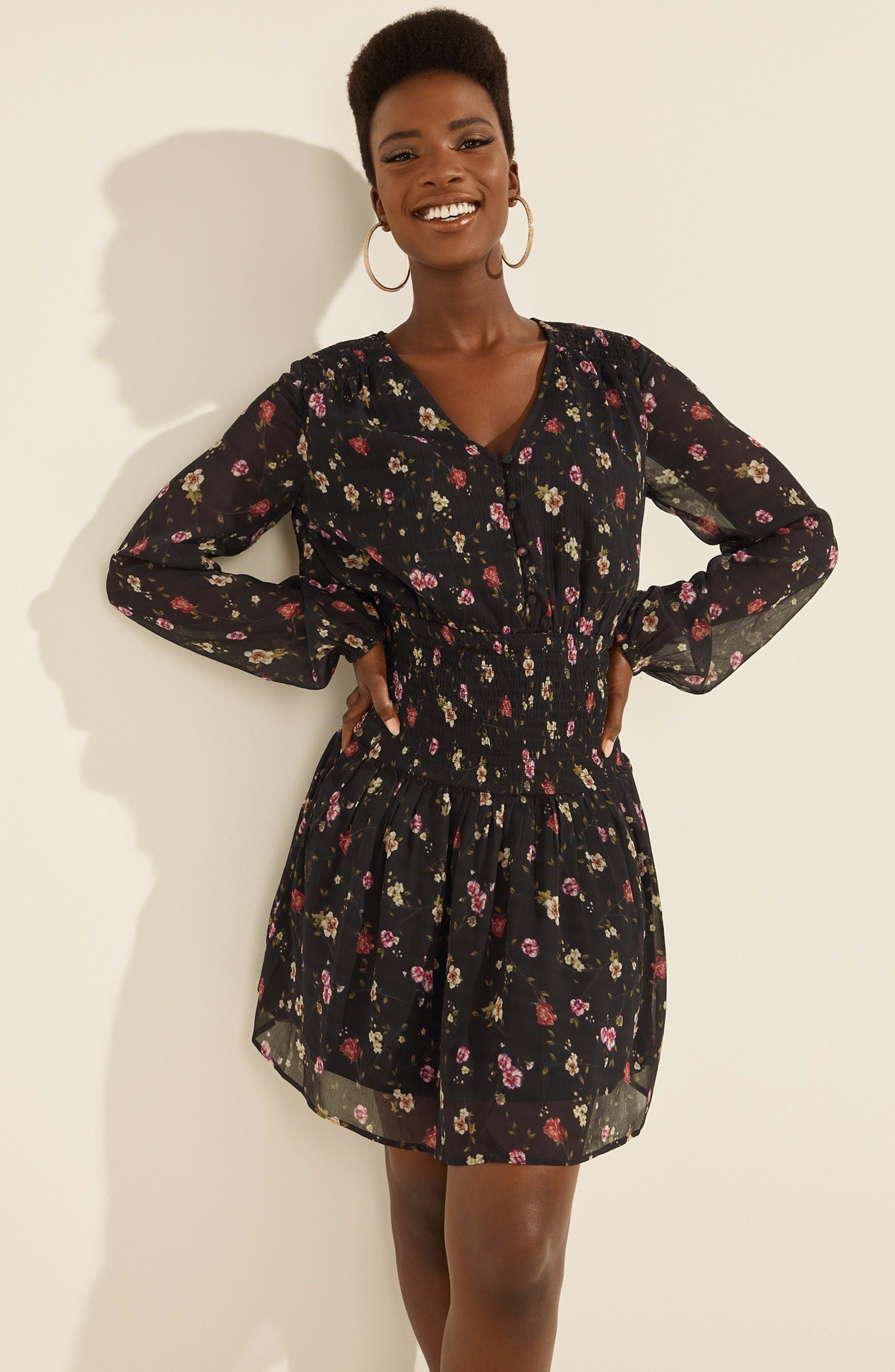 long sleeve floral black dress