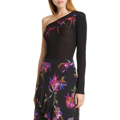 Fuzzi Floral Embroidered One Shoulder Top, Black