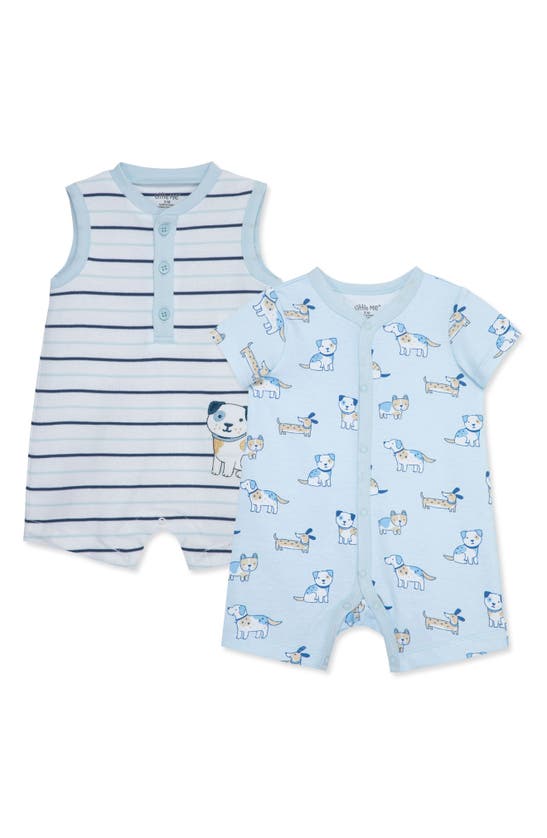 Little Me Babies' Puppies Assorted 2-pack Cotton Rompers In Blue