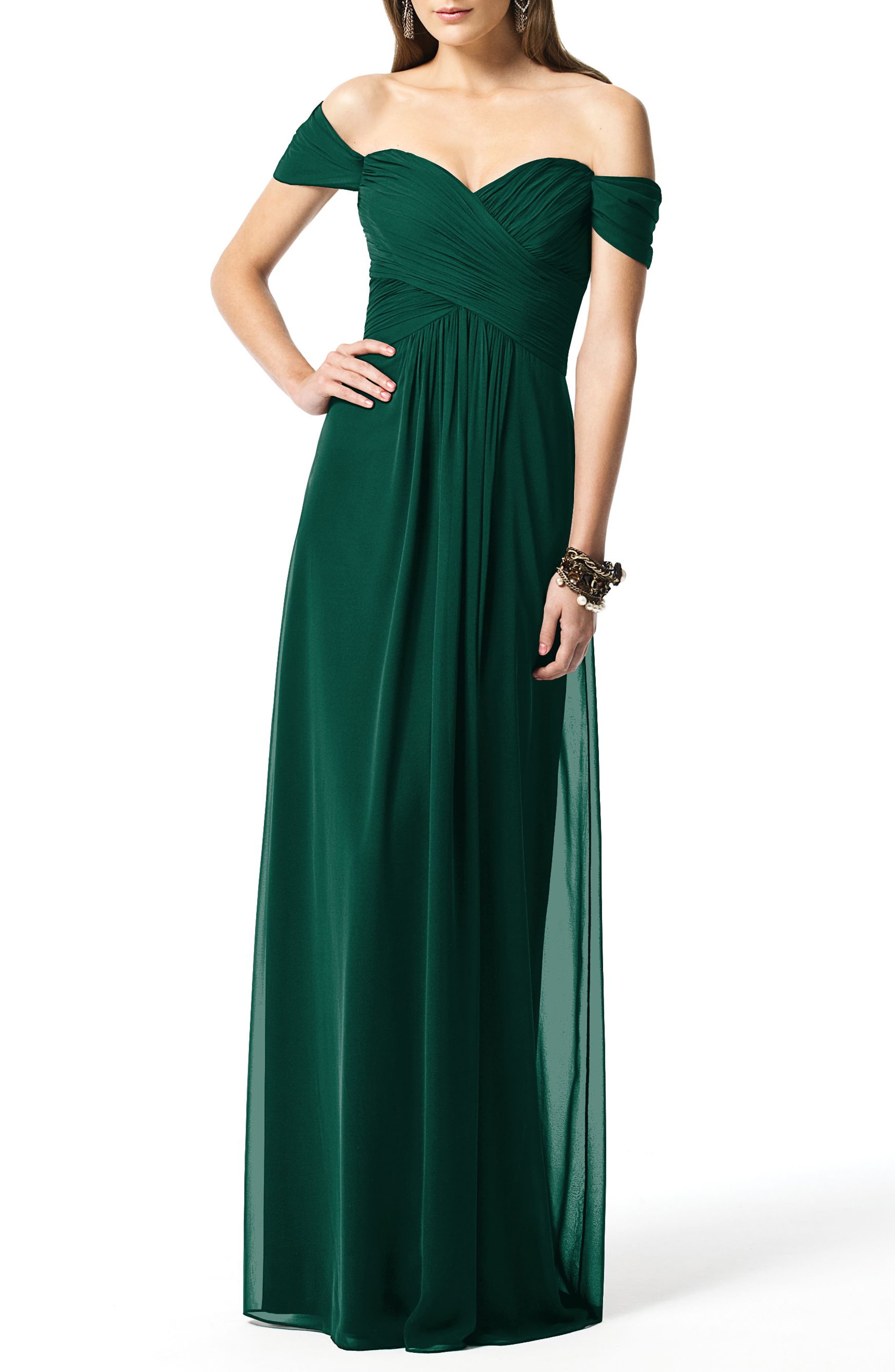 Dessy Collection Off-the-shoulder Cap Sleeve Chiffon Dress In Hunter