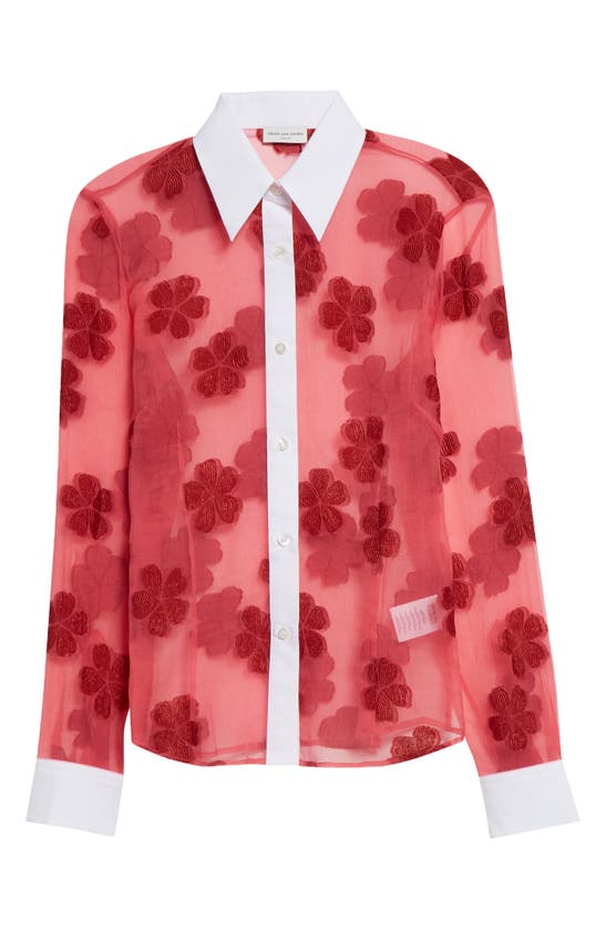 Shop Dries Van Noten Floral Embroidered Sheer Button-up Shirt In Pink 5