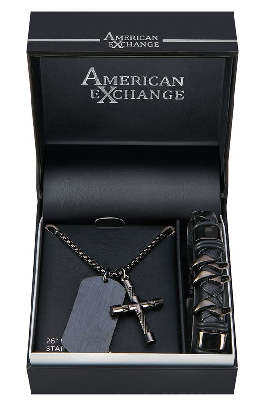 American Exchange Cross Pendant Necklace & Bracelet Set In Gun/ Gun