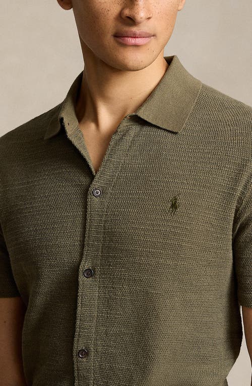 Shop Polo Ralph Lauren Slub Short Sleeve Cotton Knit Button-up Shirt In Thermal Green