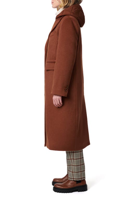Bernardo Long Coat With Hooded Quilted Bib In Tobacco