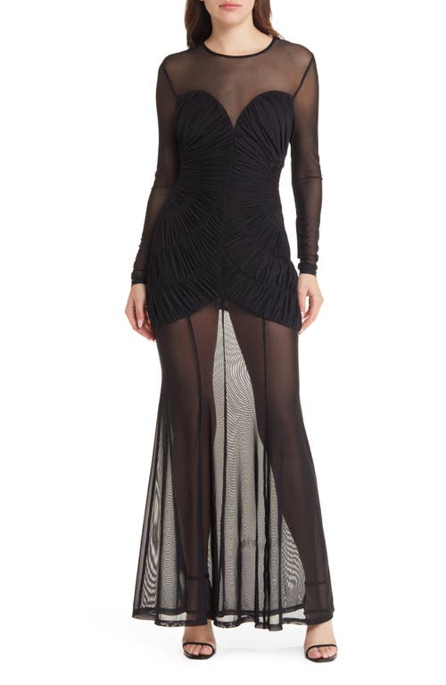 Talitha Smocked Mesh Long Sleeve Gown in Black