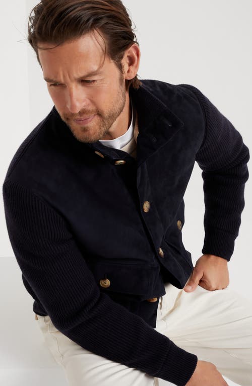 Shop Brunello Cucinelli Suede And Knit Outerwear Jacket In Navy Blue