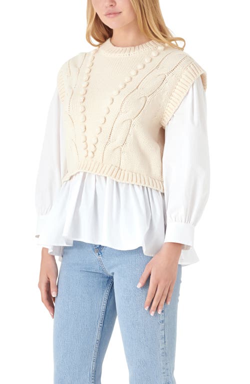 English Factory Mixed Media Cable Stitch Sweater In Cream/white