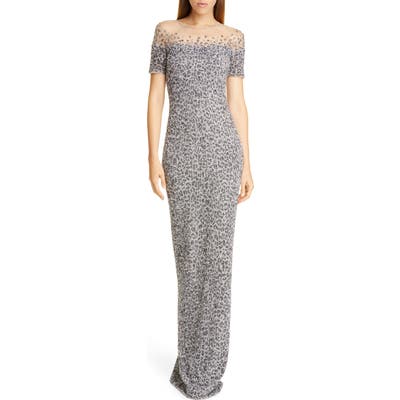 Pamella Roland Snow Leopard Crunchy Sequin Gown, Grey