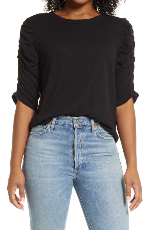 Ruched Elbow Sleeve Knit Top in Black