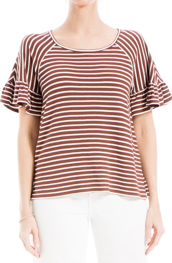 Max Studio Stripe Flutter Sleeve Top In Chestnut/ Ivory Stripe