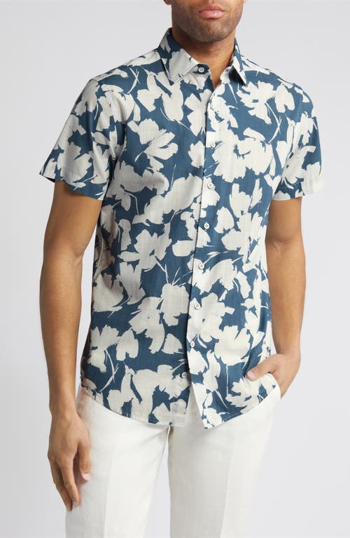 Everton Terrace Sport Fit Floral Short Sleeve Cotton Button-Up Shirt in Chambray