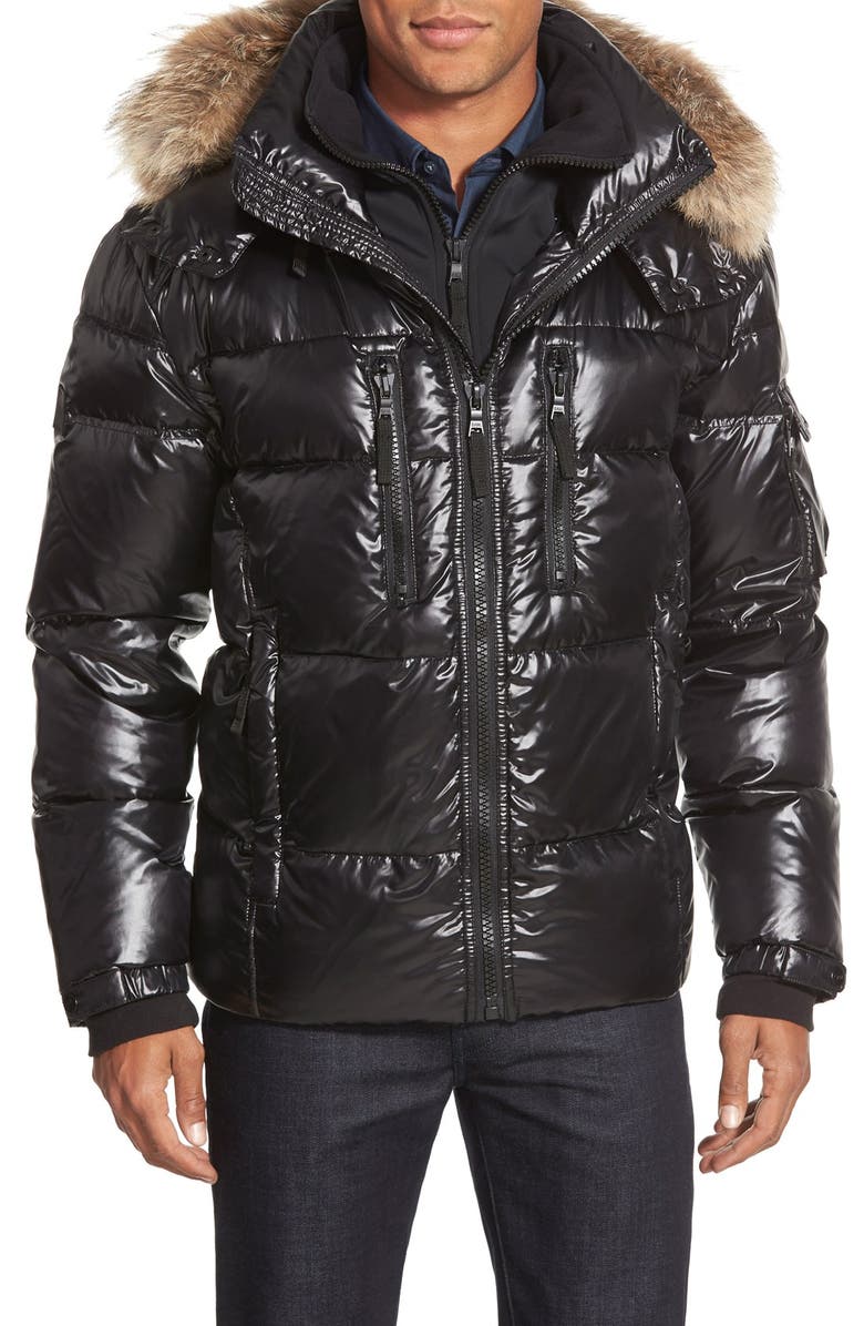 SAM. 'Mountain' Quilted Down Coat with Removable Hood and Genuine ...
