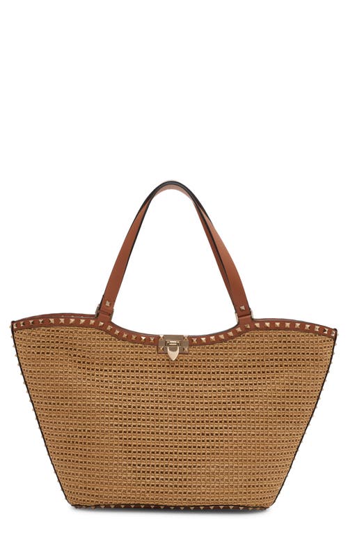 Valentino Garavani Rockstud Raffia Tote In Yhn Naturale/almond Beige