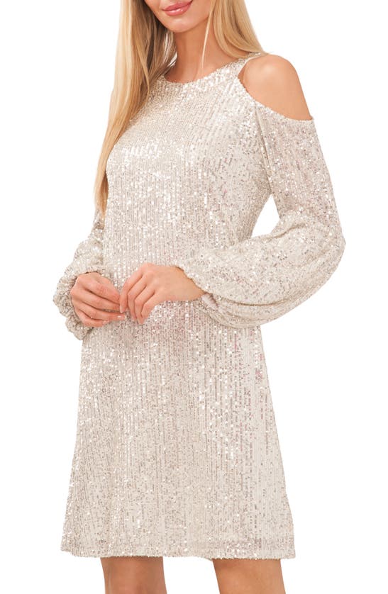 Shop Cece Cold Shoulder Long Sleeve Sequin Dress In Champagne