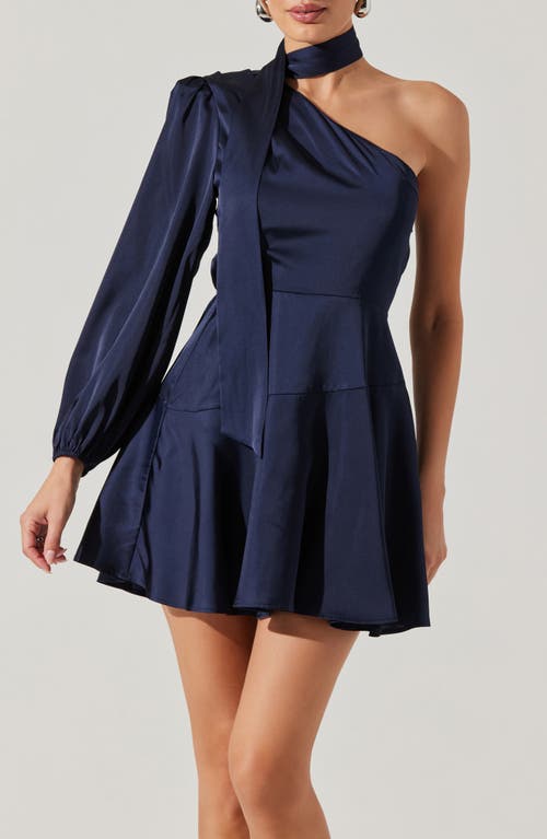 Shop Astr The Label Satin Scarf One-shoulder Minidress In Midnight