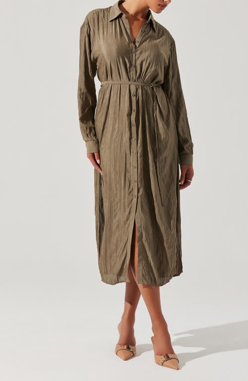 Shop Astr The Label Belted Long Sleeve Midi Shirtdress In Olive