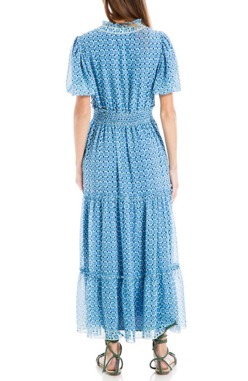 Shop Max Studio Georgette Smocked Maxi Dress In Cream/blue Bloom