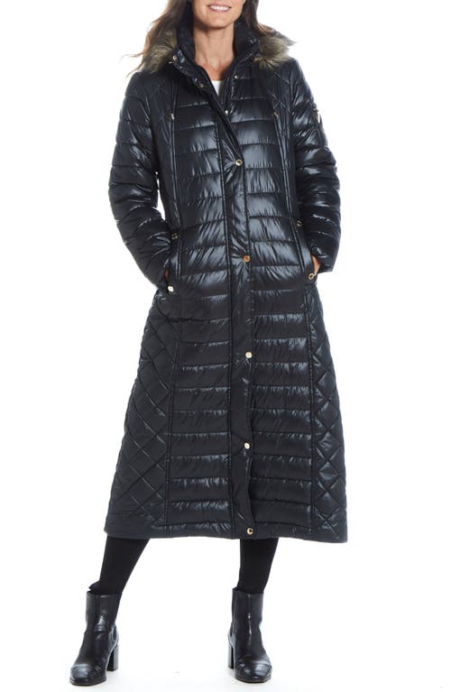 Gallery Water Resistant Hooded Puffer Coat with Faux Fur Trim in Black