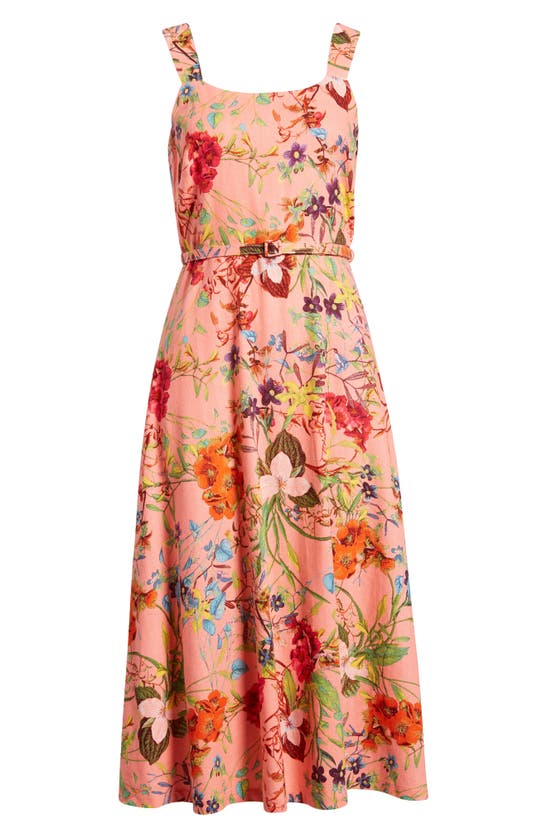 Shop Anne Klein Floral Linen Blend A-line Dress In Sunskist Coral Multi