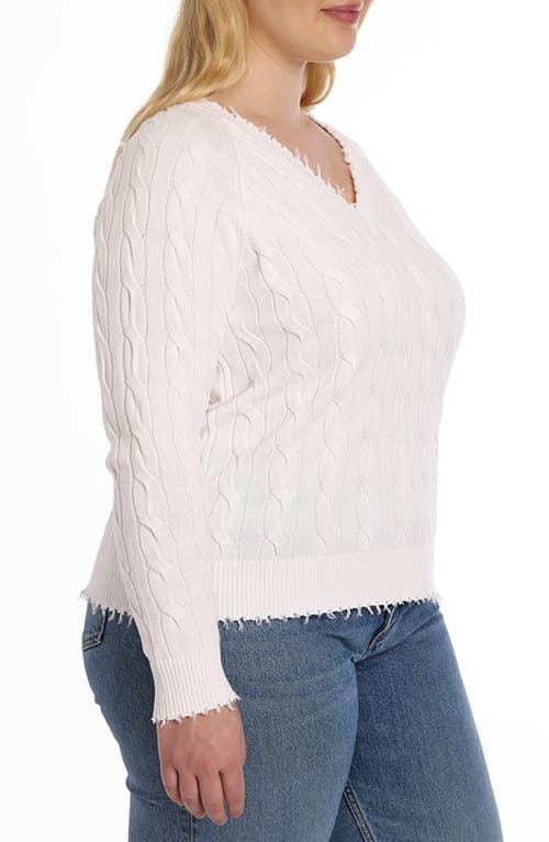 MINNIE ROSE MINNIE ROSE FRAYED V-NECK CABLE KNIT COTTON SWEATER