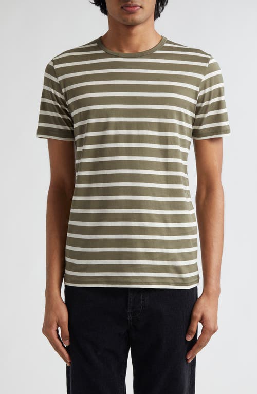 Sunspel Stripe Cotton Crewneck T-shirt In Khaki/ecru Breton Stripe