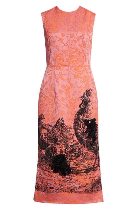 Erdem Rooster Print Embellished Matelassé Sleeveless Midi Dress In Duchess Pink And Black