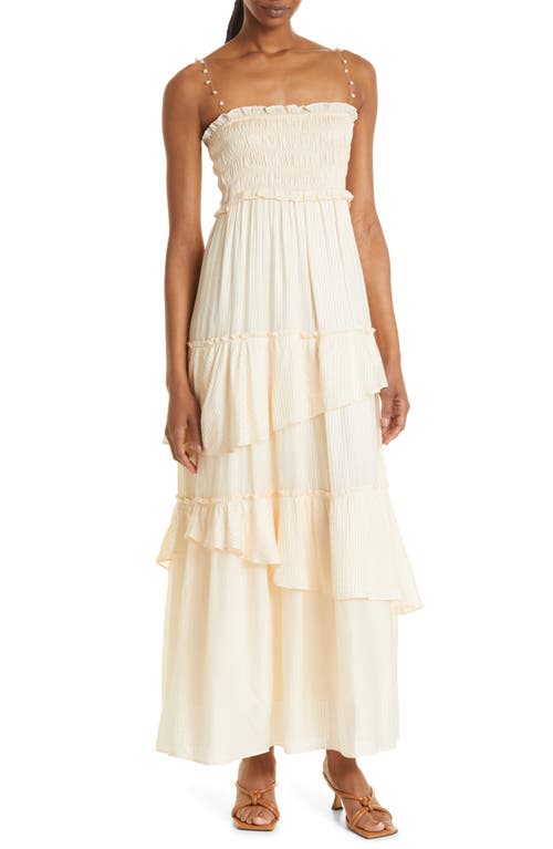CAMI NYC Anita Smocked Imitation Pearl Strap Cotton & Silk Maxi Dress in Shell