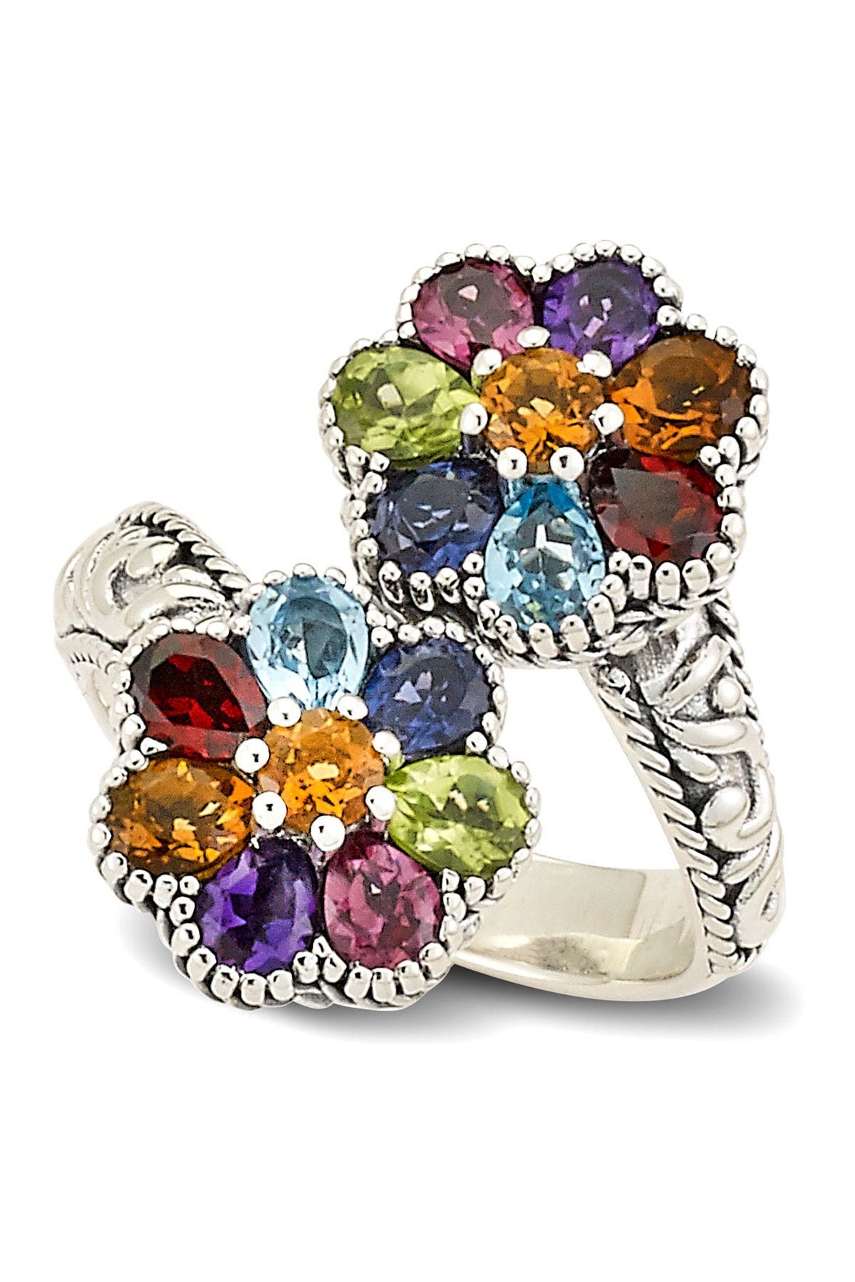 Samuel B Jewelry | Sterling Silver Multi-Stone Flower Bypass Ring ...