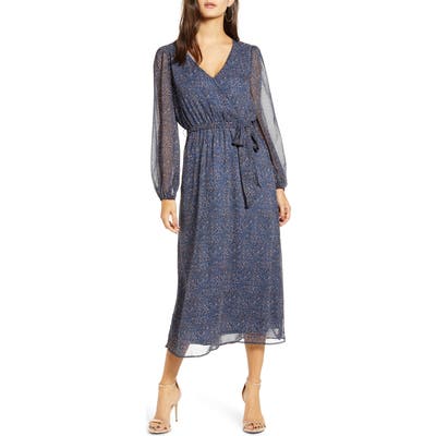 All In Favor Floral Wrap Front Long Sleeve Midi Dress, Blue