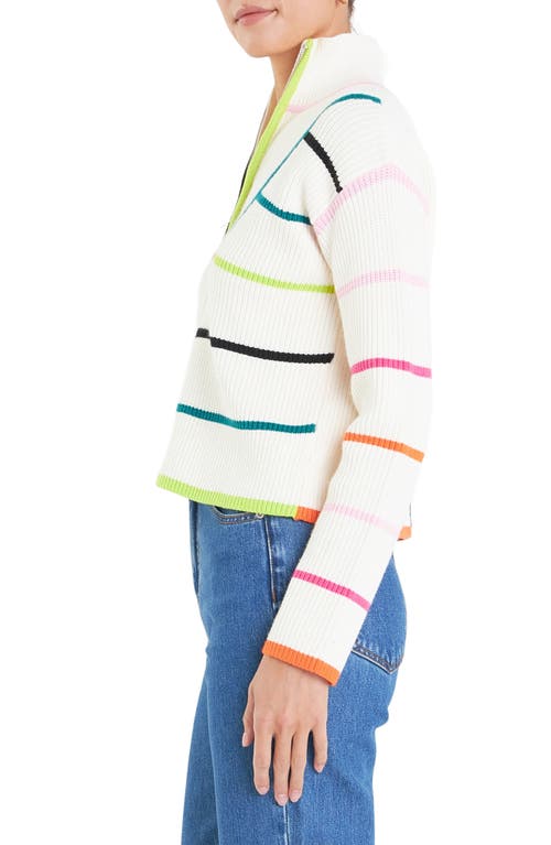 Shop English Factory Stripe Half-zip Rib Sweater In Off White Multi