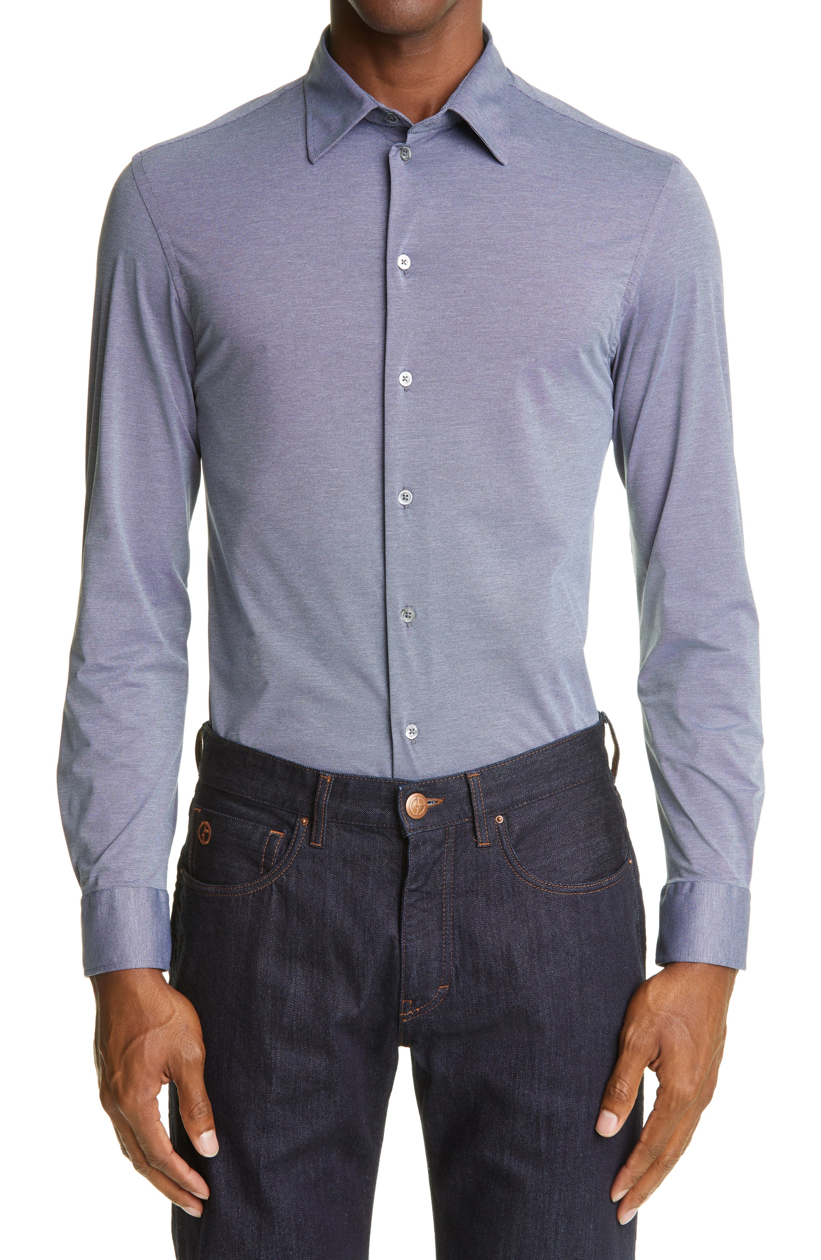 Emporio Armani Travel Button-up Shirt In Blue Textured Solid