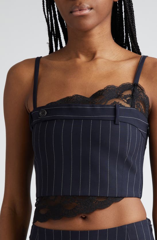 Shop Monse Deconstructed Pinstripe Lace Trim Wool Blend Crop Top In Midnight