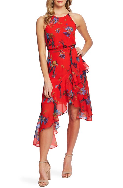 CeCe Floral Print Asymmetrical Dress in Fieryred