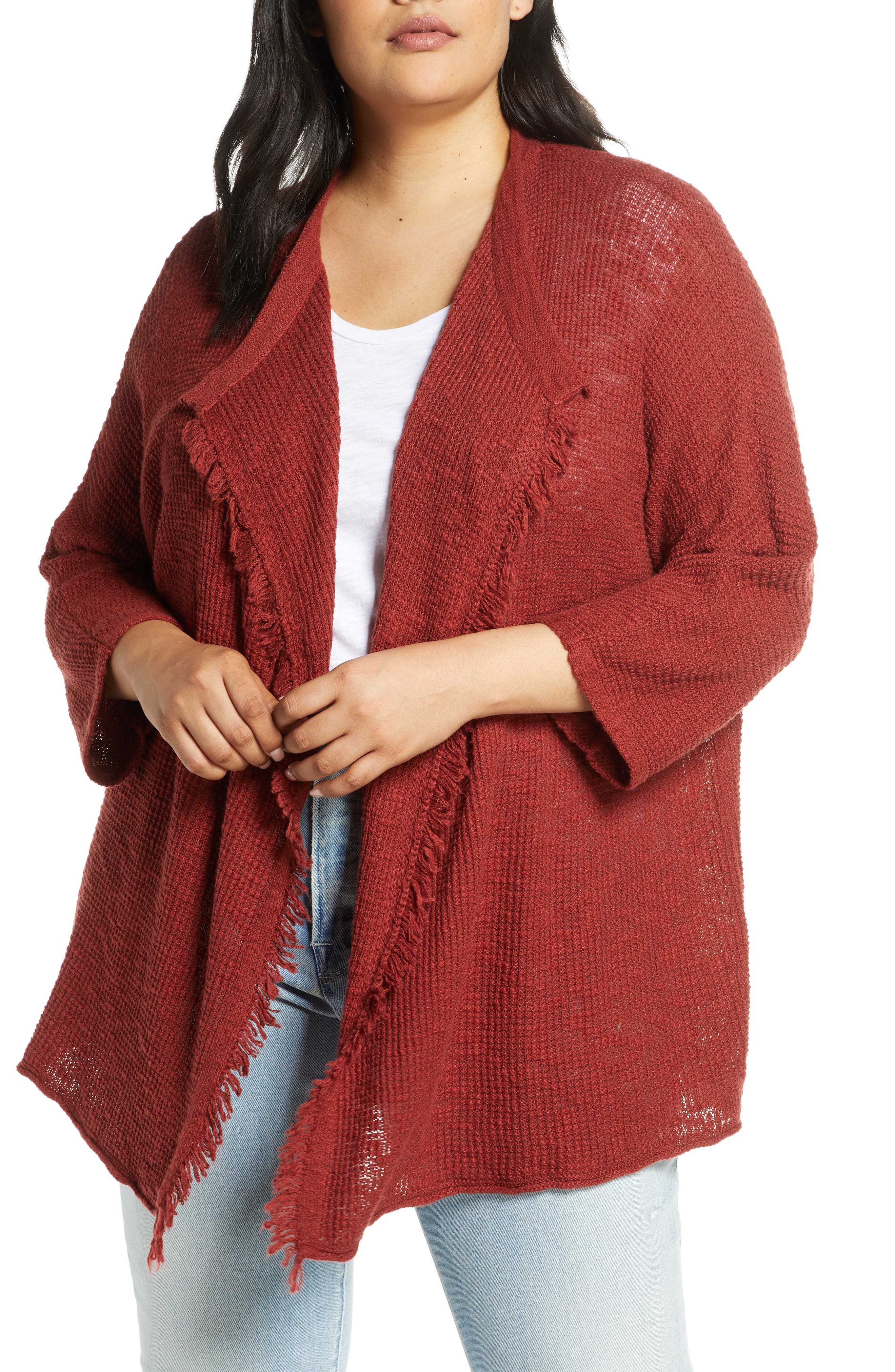 Plus Size Caslon Fringe Open Front Dolman Cardigan, Burgundy