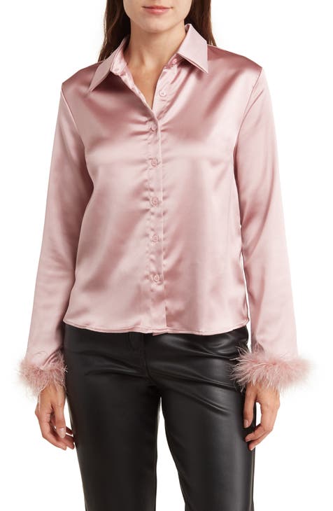 Satin Feather Trim Button-Up Shirt