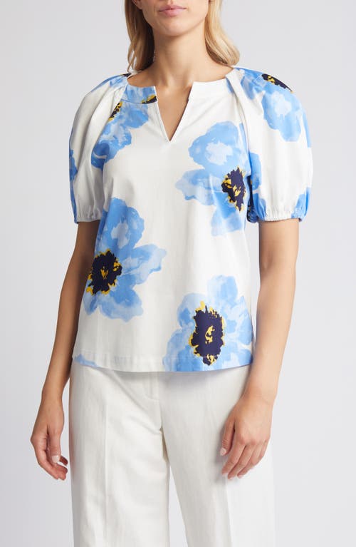 Anne Klein Floral Print Puff Sleeve Stretch Poplin Top in Bight White/Shore Blue at Nordstrom, Size Large