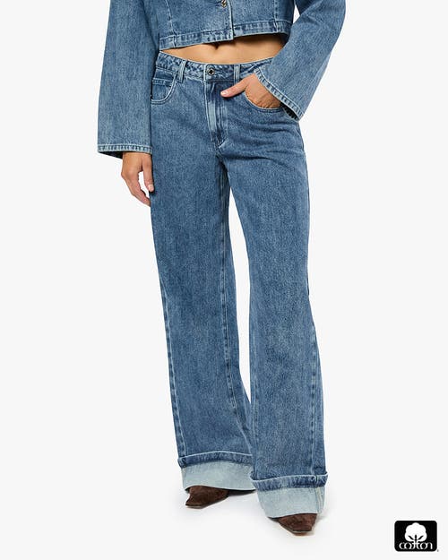 Shop Weworewhat Mid Rise Cuff Straight Leg Jean In Mid/dark Light