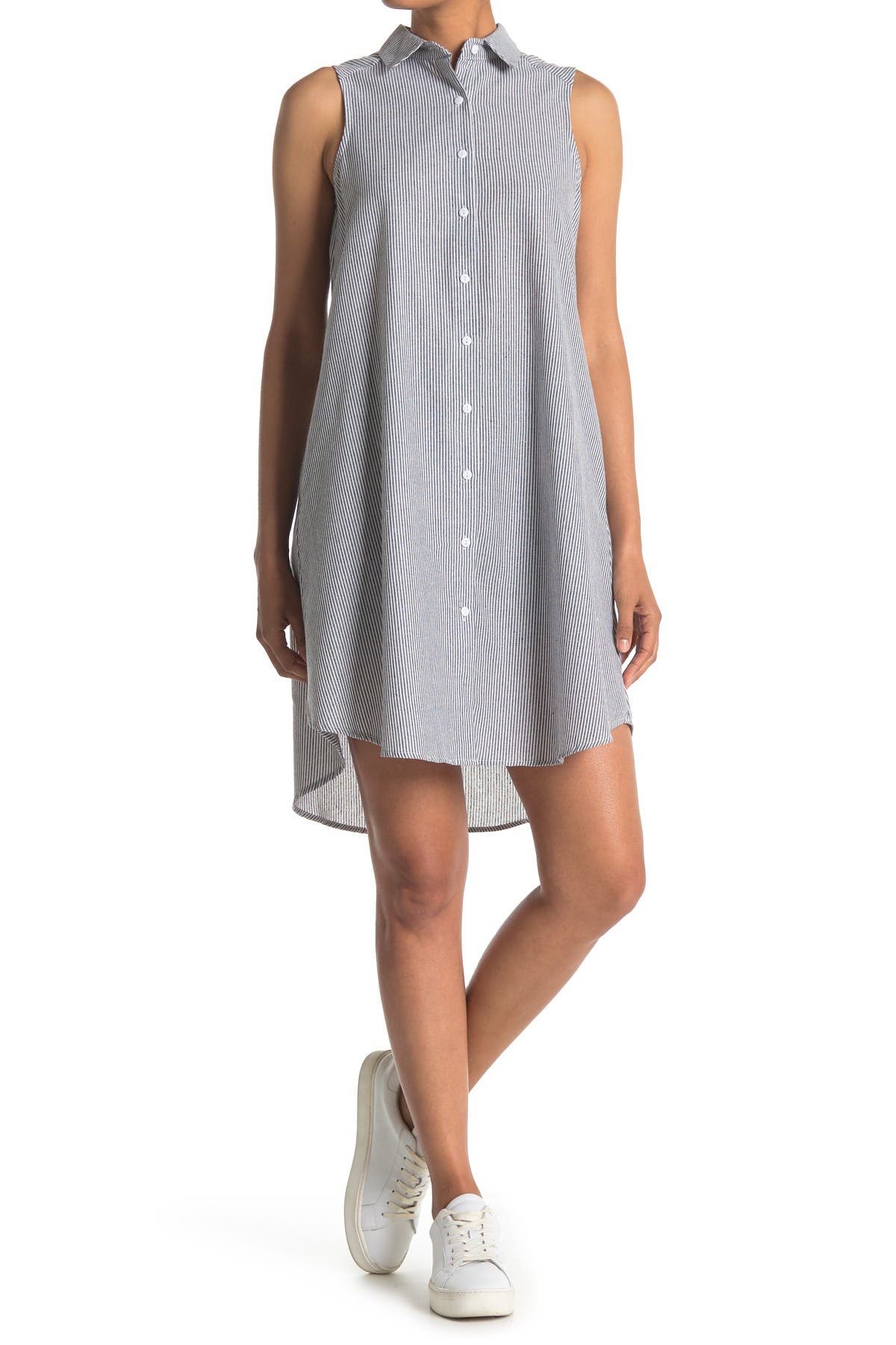 Papillon Stripe Collared Button Front Sleeveless A-line Dress In  