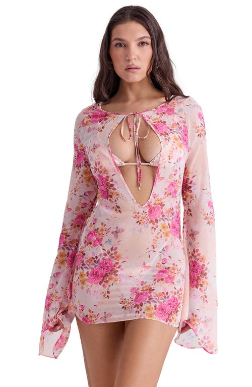House Of Cb Oceana-a Sheer Long Sleeve Cover-up Minidress In Floral Print