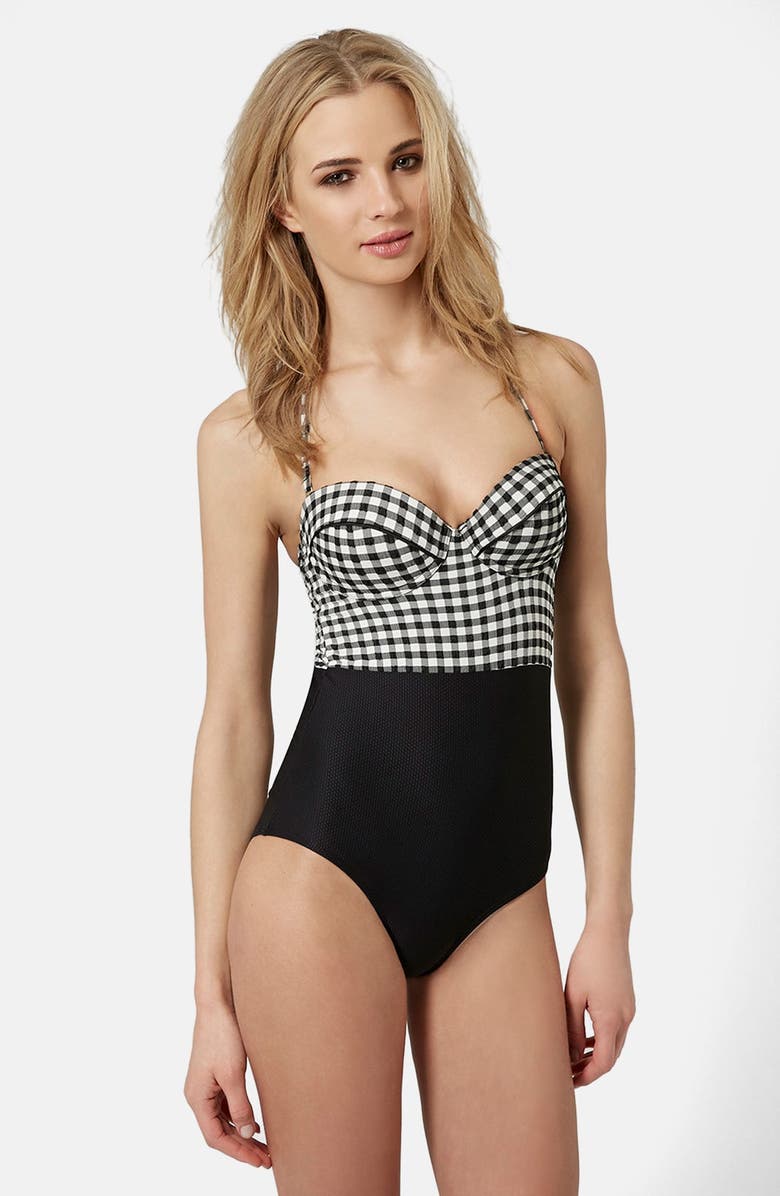 TOPSHOP Gingham Swimsuit, Main, color, Black