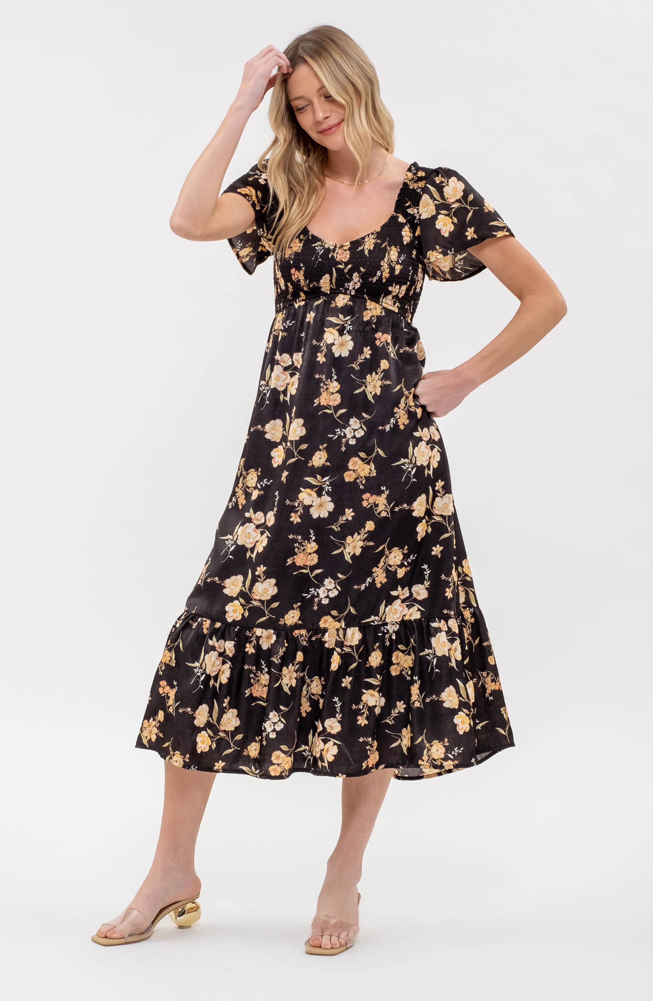 Violet Floral Smocked Midi Dress