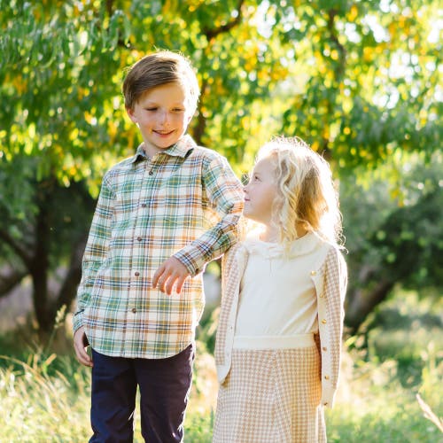 Hope & Henry Boys' Organic Flannel Shirt, Kids In Camel And Green Plaid
