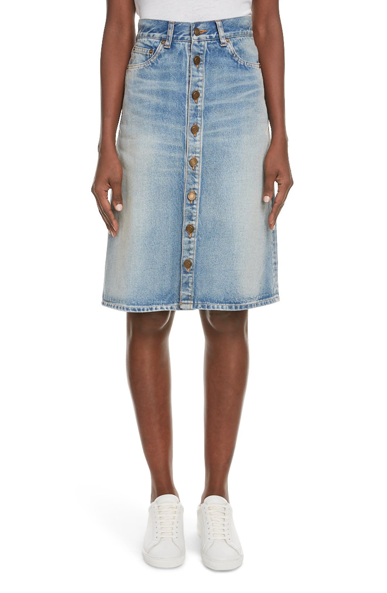 knee length denim skirt with buttons