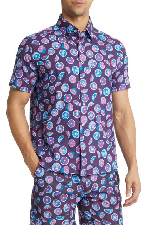 Stone Rose Citrus Print Stretch Short Sleeve Button-Up Shirt in Purple