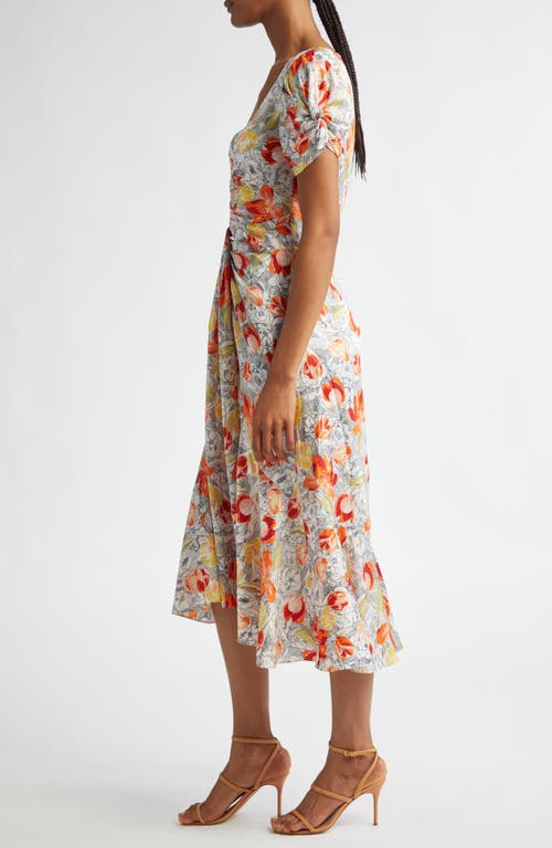 Cinq À Sept Ximena Draped Floral Puff-sleeve V-neck Midi Dress In Ivory Multi